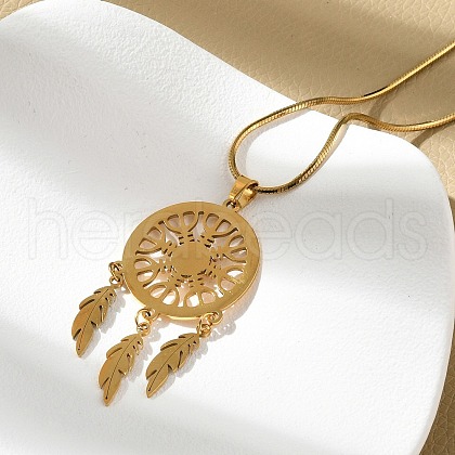 Bohemian 304 Stainless Steel Snowflake Woven Web/Net with Feather Pendant Necklaces NJEW-P327-07G-A-1