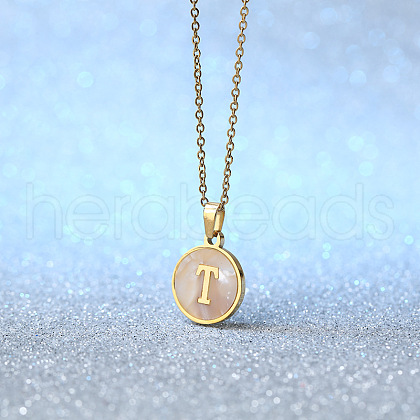 Flat Round Stainless Steel Pave Natural White Shell Initial Pendant Necklaces for Women FS-WG6FA45-20-1