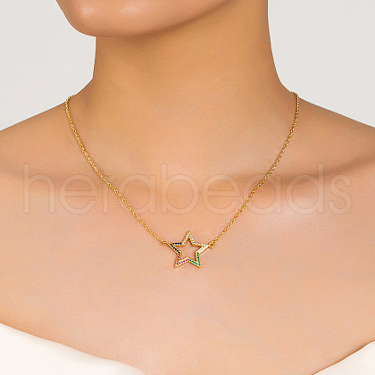 Brass Pave Cubic Zirconia Hollow Star Shape Pendant Necklaces for Women PR2512-1