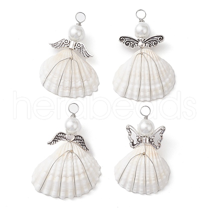 4Pcs 4 Styles Copper Wire Wrapped Shell Pendants PALLOY-JF02709-1