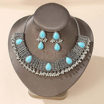 Teardrop Alloy & Synthetic Turquoise Pendant Necklace & Earring FS-WGBAA8A-07-1