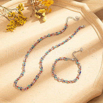 Stainless Steel Enamel Cable Chain Bracelets & Necklaces Sets for Women PT7078-1