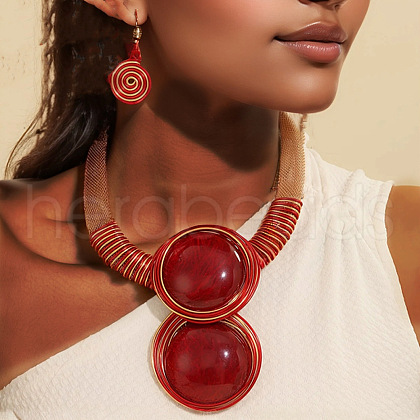 Flat Round Alloy with Aluminium Wire Wrapped Resin Pendant Necklace & Dangle Earrings Sets FS-WGE917F-01-1