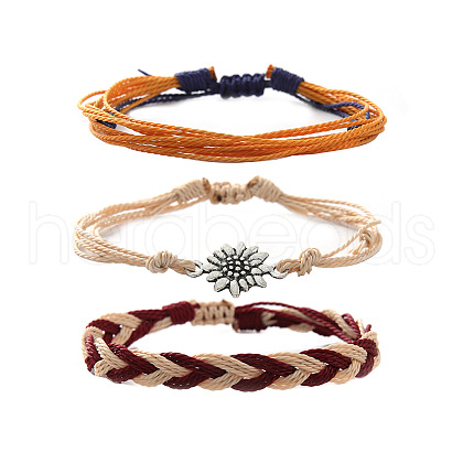 3Pcs Flower Alloy & Wax Cord Braided Bead Bracelets Set FS-WG10F8B-05-1