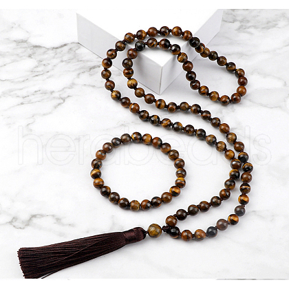 Natural Tiger Eye Round Beaded Pendant Necklaces & Bracelets Sets FS-WG9D102-06-1