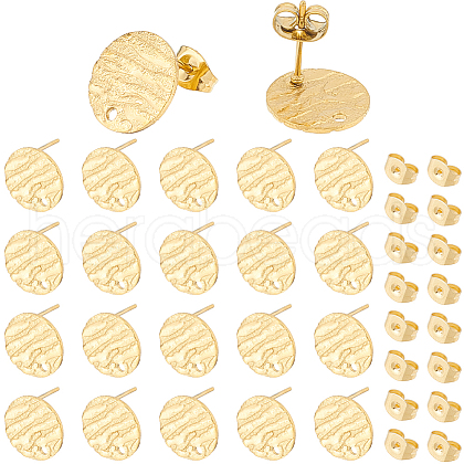 SOFPLATE 60Pcs Textured Flat Round Ion Plating(IP) 304 Stainless Steel Stud Earring Findings STAS-SP0001-46-1