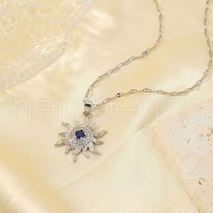 Brass Pave Clear & Blue Cubic Zirconia Sun Pendant Necklaces for Women RG3792-1-1