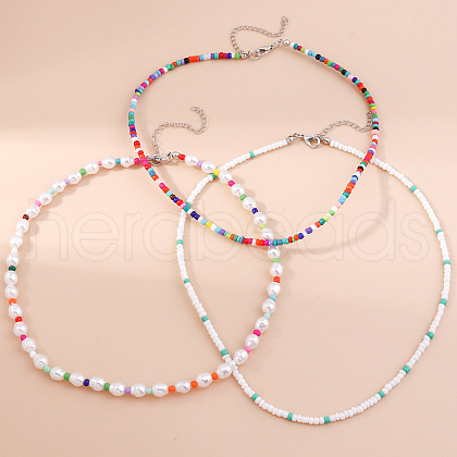 3Pcs Oval Glass Seed Beaded with Plastic Pearl Beaded Necklace Sets for Women FS-WGE85A7-10-1