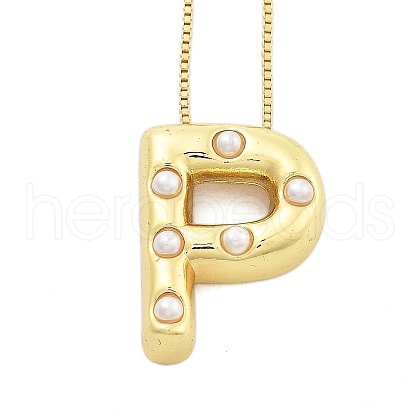 Brass & Plastic Pearl Letter Pendant Box Chain Necklaces for Women NJEW-U017-01G-16-1