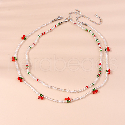 2Pcs Cherry Glass Seed Beaded with Plastic Pearl Beaded Necklace Sets for Women FS-WGE85A7-19-1
