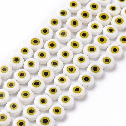 Handmade Evil Eye Lampwork Flat Round Bead Strands LAMP-L058-8mm-19-1