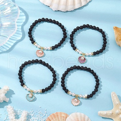 Natural Lava Rock Round Beads with Brass Rhinestone Spacer Beads and Shell Pearl Bead and Electroplate Non-magnetic Synthetic Hematite Beads and Alloy Pendants Bracelets BJEW-JB11511-1