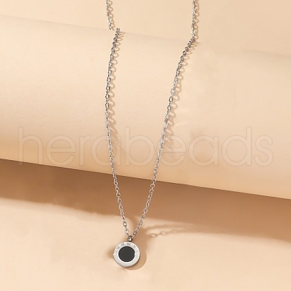 Flat Round 304 Stainless Steel & Black Cellulose Acetate Roman Nnumerals
 Pendant Necklaces for Women FS-WGD711C-07-1