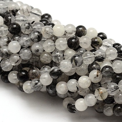 Natural Gemstone Black Rutilated Quartz Round Beads Strands G-E251-30-6mm-1