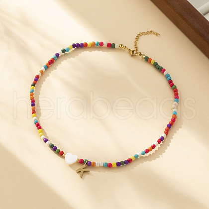 Heart Natural Shell & Colorful Glass Seed Round Beaded Necklaces FS-WGE10D5-11-1