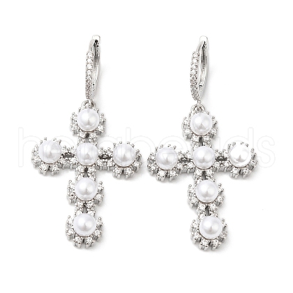 Cubic Zirconia Cross Dangle Hoop Earrings with ABS Plastic Imitation Pearl EJEW-L264-004P-1