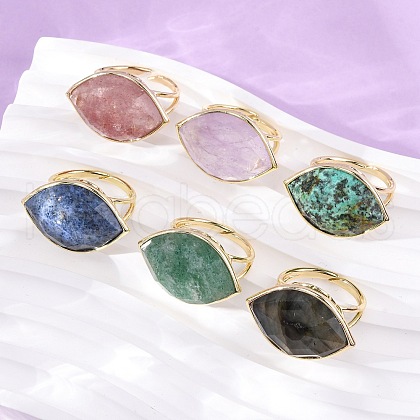 Horse Eye Natural Gemstone Cuff Rings RJEW-M076-04G-1