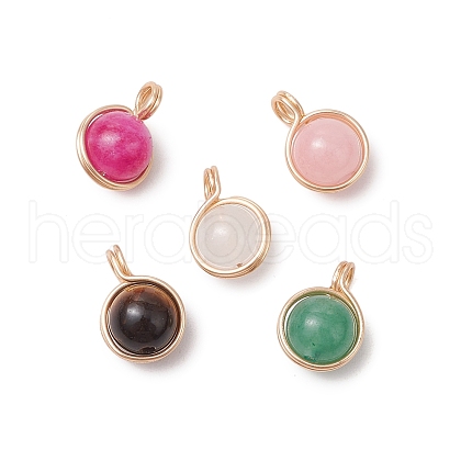 Copper Wire Wrapped Natural Mashan Jade & Natural Malaysia Jade & Natural Tiger Eye & Natural Green Aventurine & Natural Quartz Round Charms PALLOY-JF03409-1
