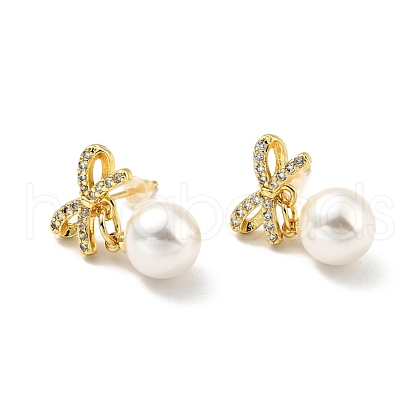 Clear Cubic Zirconia Bowknot with Plastic Pearl Dangle Stud Earrings EJEW-G282-07G-01-1