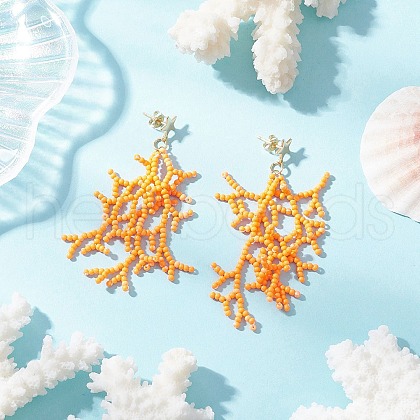 Star with Coral Handmade Glass Seed Beads Tassel Stud Earrings EJEW-MZ00472-02-1