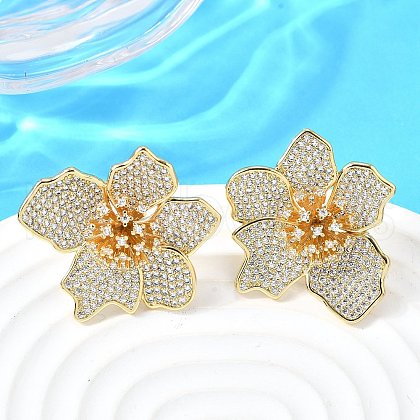 Brass Clear Cubic Zirconia Flower Stud Earrings EJEW-C147-02G-1