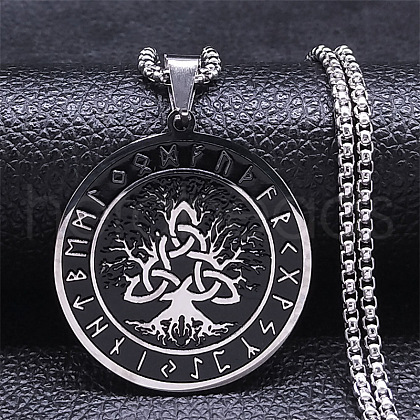 304 Stainless Steel Black Enamel Rune Tree of Life Pendant Necklaces for Men NJEW-K283-27P-1