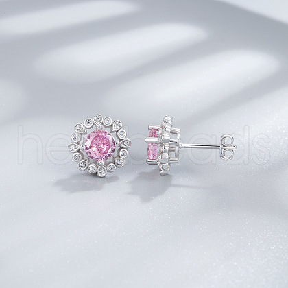 Flower 925 Sterling Silver Pave Cubic Zirconia Stud Earrings FS-WG92113-08-1