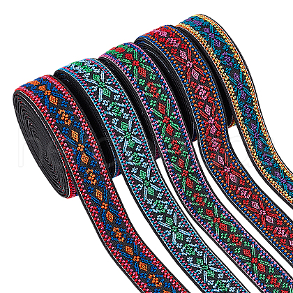 BENECREAT 5 Yards 5 Colors Ethnic Style Embroidery Flat Polyester Elastic Flower Jacquard Rubber Cord/Band OCOR-BC0007-69-1