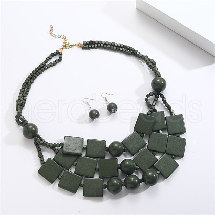 Bohemian Style Wood Square & Round Beaded Multilayer Necklaces & Dangle Earrings Sets FS-WG2F343-01-1