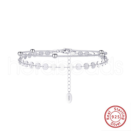 Rhodium Plated 925 Sterling Silver Satellite & Flat Round Link Chains Double-Layer Multi-strand Bracelet STER-M116-09P-1