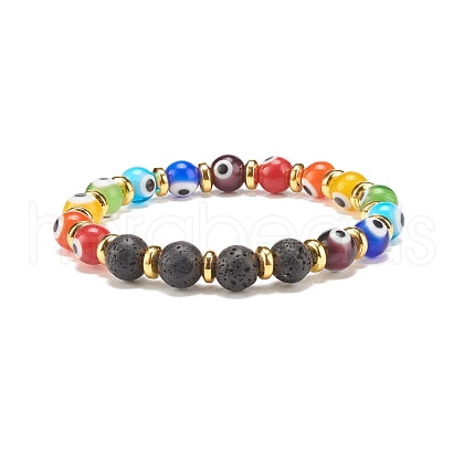 Round Evil Eye Lampwork & Natural Lava Rock Beaded Stretch Bracelet BJEW-JB07870-1