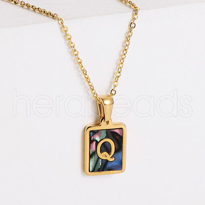 304 Stainless Steel Pave Natural Paua Shell Rectangle Initial Pendant Necklaces for Women FS-WG38E89-17-1