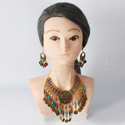 Flat Round Tassel Bohemia Alloy Rhinestone Pendant Necklaces & Dangle Earrings Sets FS-WG58F87-01-1