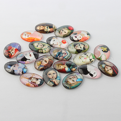 Women Theme Ornaments Glass Oval Flatback Cabochons GGLA-A003-18x25-QQ-1