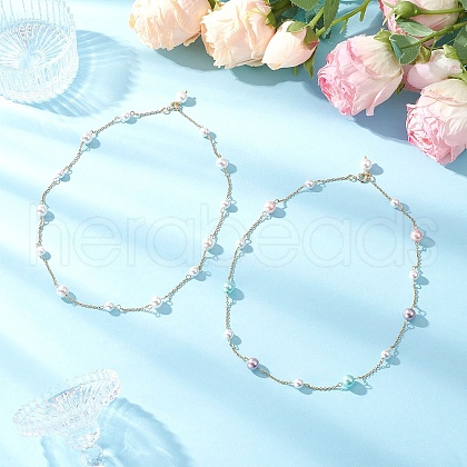2Pcs 2 Colors Round Shell Pearl & 304 Stainless Steel Handmade Link Chain Necklaces NJEW-JN05301-1