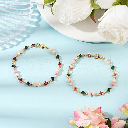 2Pcs 2 Colors Glass Beaded Link Bracelets for Women BJEW-JB11976-1
