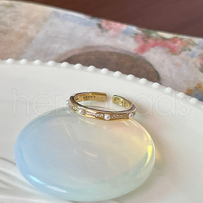Brass Crystal Rhinestone & White Imitation Pearl Open Cuff Rings for Women FS-WGC2A84-03-1
