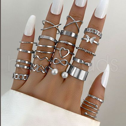 22Pcs Alloy with Plastic Pearl Finger Rings WG2E3D2-03-1