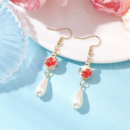 Round with Flower Pattern Porcelain Ceramic Dangle Earrings EJEW-JE06347-02-1