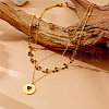 304 Stainless Steel Siam Rhinestone Heart Pendant Cherry Link Chain Double Layer Necklaces for Women NJEW-B132-01G-2