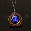 Flat Round with Twelve Constellations Blue Glass & Wood Pendant Waxed Leather Cord Necklace for Women Men WG486C3-08-2
