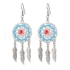 Flat Round with Feather Handmade Glass Seed Beads Chandelier Earrings EJEW-MZ00473-04-2