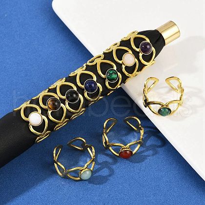 316 Stainless Steel with Natural Mixed Gemstone Cuff Rings RJEW-Z098-01G-01-1