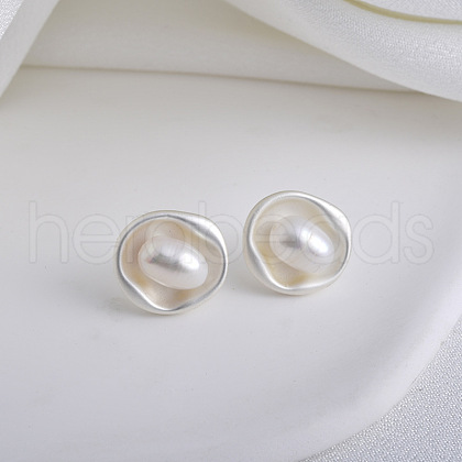 Mother's Day Jewellery Flat Round Brass & Freshwater Pearl Stud Earrings for Women EJEW-G391-04MS-1