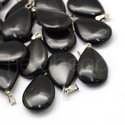 Teardrop Natural Black Stone Pendants G-Q368-13-1
