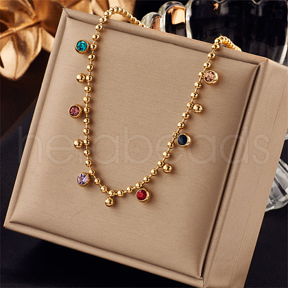 316 Surgical Stainless Steel Pave Colorful Cubic Zirconia Ball Chain Flat Round Tassel Necklaces FS-WGDEC77-01-1