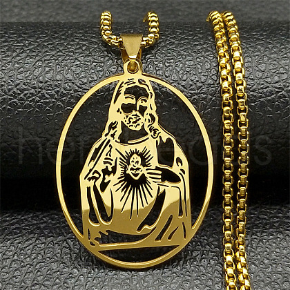 304 Stainless Steel Oval with Hollow Juses Pendant Necklaces NJEW-K283-05G-1