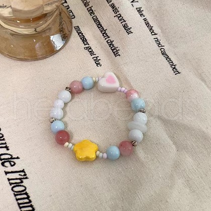 Star & Heart Porcelain Round Beads Stretch Bracelets for Women WG648B1-03-1