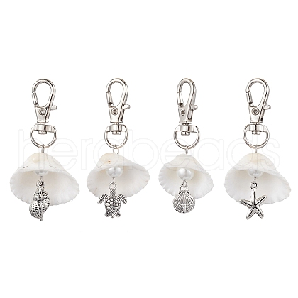 4Pcs 4 Styles Sea Animal Alloy & Natural Shell Pendant Decorations HJEW-JM02015-1