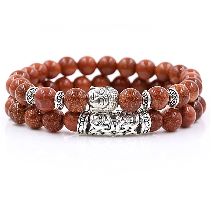 2Pcs 2 Style Synthetic Mixed Goldstone Stretch Bracelets Set with Alloy Buddha Head MATO-PW0001-074I-1